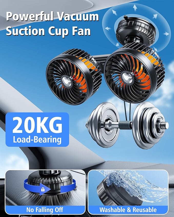 Dual Head Suction Cup Car Cooling Fan for Window Dashboard, 4000Mah Battery Powered Rechargeable USB Car Fans That Blow Cold Air, Cooler for Semi Truck Rv Van Tractor Cab Vehicles without Ac