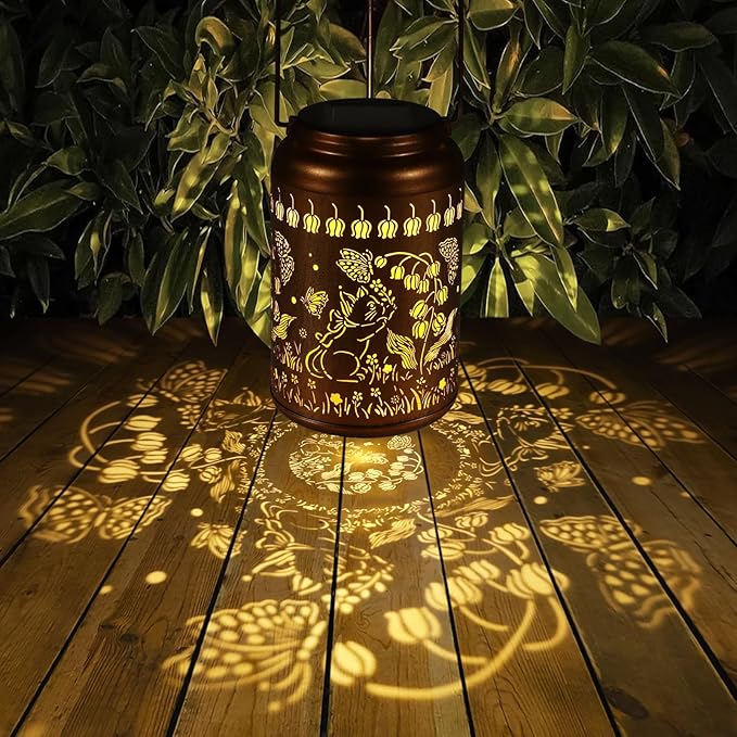 Solar Lanterns Outdoor Waterproof Hummingbird Garden Decor Gifts for Women Mom Grandma Hanging Lights Metal Decoration Outside for Yard, Patio,Backyard,Porch(Cat and Butterfly)