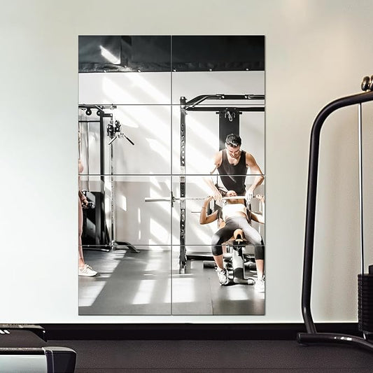 Delma Frameless Mirror Tiles 16"x12"x8 Pcs Wall Mounted | Shatter Resistant, Full Length, Tempered Glass Panels, For Home Gym Bathroom Bedroom & Living Room Decor