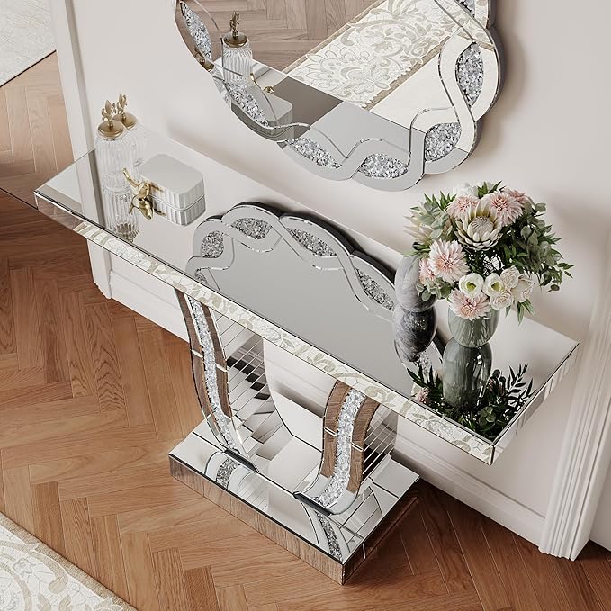 SSLine Modern Mirrored Console Table,43-Inch Silver Mirror Finish Entryway Table with Sparkling Crystal Inlay U-Shape Base Luxury Accent Foyer Tables for Living Room Hallway Entrance