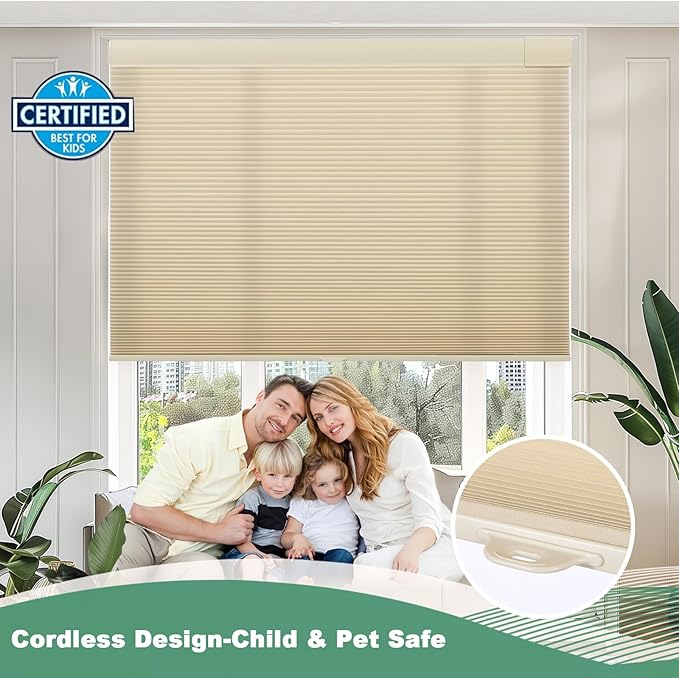 Tonature No Drill Cellular Shades for Indoor Windows, Thermal Insulating & Noise Reducing Honeycomb Blinds, Free Stop Cordless Light Filtering Shades, Beige,39 1/2" W x 64" H