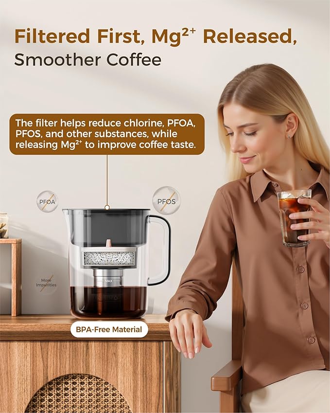 Waterdrop PT-10 Cold Brew Coffee Maker with 1 Magnesium Water Filter for Well-Balanced Acidity, Unlocks Aroma, BPA-Free Cold Brew Pitcher, Stainless Steel Filter for Iced Coffee, Tea, Lemonade, Black