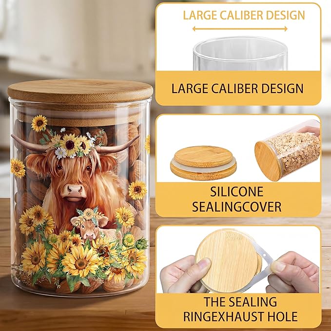 Highland Cow Clear Glass Storage Jar, Airtight Food Canister for Kitchen Countertop, Coffee Tea Sugar Cookie Spice Home Kitchen Organizers, Highland Cow Sunflower Kitchen Decor 3Pack