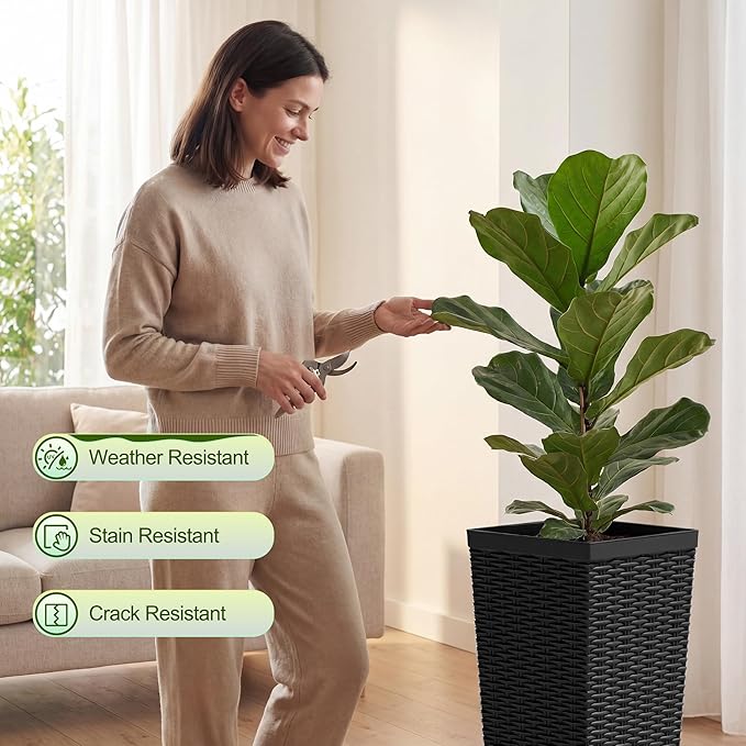 Devoko Resin Tall Planters for Outdoor Plants Set of 2, Large Taper Outdoor Planter Pots with 4 Drainage Holes, Flower Pots Modern Decor for Porch, Patio, Backyard, Home Garden (Black, 24'')