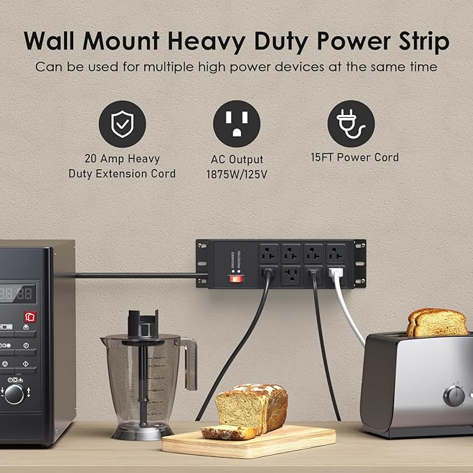JUNNUJ Heavy Duty Surge Protector Power Strip 4800J, Garage Metal 8 Outlets 20 Amp 12 Gauge, High Amp 5-15P Adapter Shop 6-20R T-Slot Industrial Outlet, 15 FT Extension Cord Commercial for Appliance