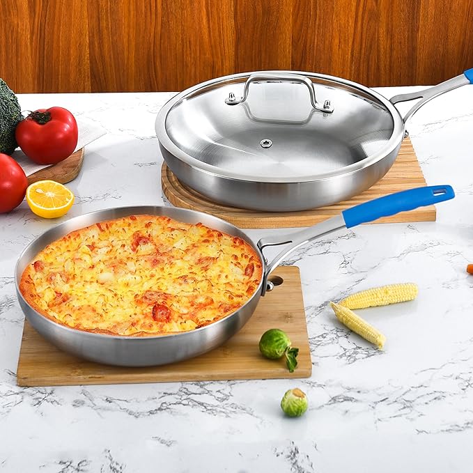 Inqibee 8.5-10-12 Inch Tri-Ply Stainless Steel Frying Pan Set with a Lid, Skillets, Chef's Pan, Induction Cooking Pans, Pots and Pans Set, Dishwasher and Detachable Handle