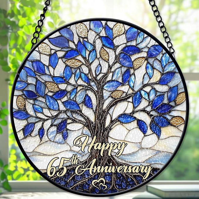 65th Wedding Anniversary Faux Stained Glass Suncatcher, 65 Years of Marrisage Keepsake Ornament, Blue Sapphire Wedding