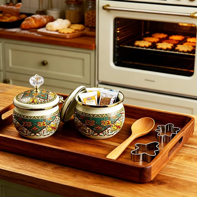 Floral Enamel Sugar Bowl Gold Ethnic Seasoning Jar Vintage Tea Canister Spice Box Retro Coffee Candy Storage Pot Bohemian Salt Container Jar for Home Kitchen Decor