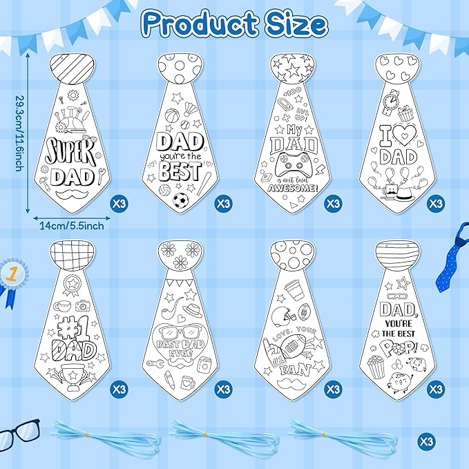 Father's Day Crafts Kits for Kids - 24Pcs Happy Father's Day Bulk Tie Coloring Crafts Best Dad Ever Color Your Own Hanging Tie Ornaments for School Home DIY Art Activities Holiday Party Favor Supplies