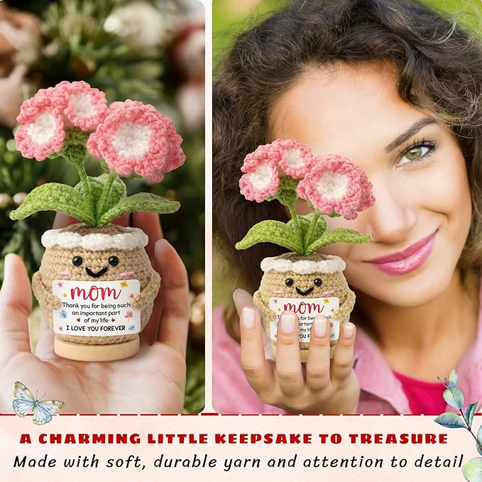 Gifts for Mom from Daughter Son - Cute Mothers Day Birthday Gifts for Moms - 6.23'' x 2.56'' Knitted Positive Inspirational Carnation Flowers Mother's Day Mom Crochet Doll