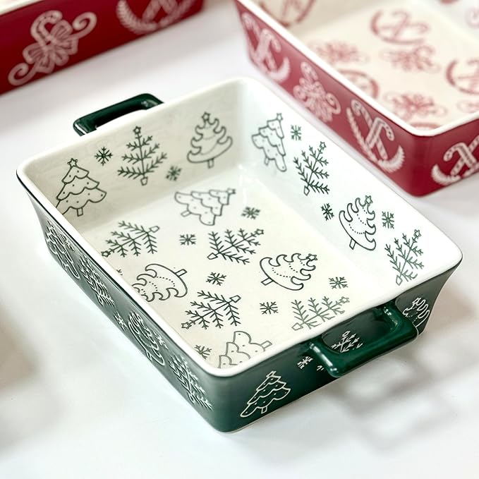 Domini Casserole Dishes for Oven, Ceramic Baking Dishes for Oven Set of 2, Lasagna Pan Deep, Baking Pan Set Square Casserole Dish Set with Handles for Baking, Pattern Green(11.4+8.5inch) Christmas
