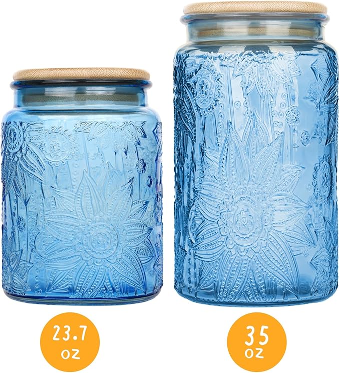 Custde Glass Storage Jars With Airtight Lid, 35oz Canister For Kitchen Counter with Bamboo Lid, brown sugar, candy, coffee, cookie, salt, tea,pantry cute Jar (Blue, 35 fl oz)