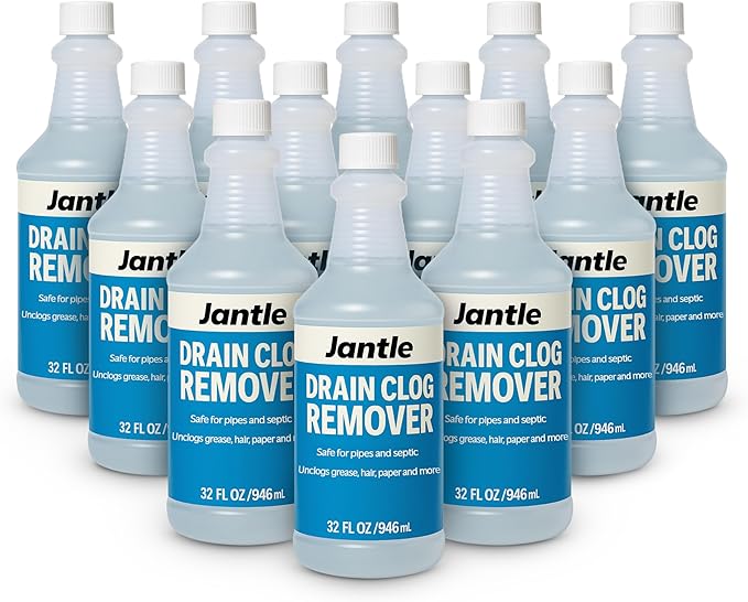 Drain Clog Remover - 12 Pack, 32 oz Bottles Powerful Drain Cleaner Liquid for Shower, Sink, and Toilet - Dissolves Hair, Grease, Paper, Fat, Oil - Plumbing & Septic Safe - Easy to Use Formula