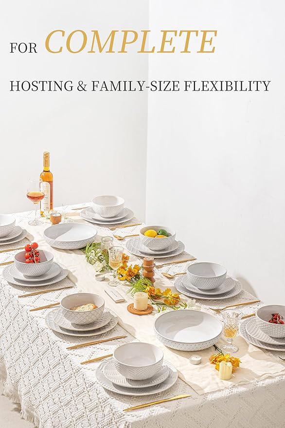FOBENTA 32-Piece Luxury Dinnerware Set,Complete Plates and Bowls Set for 8,Upscale Ceramic Dish Set for Hosting, Holidays & Family Gatherings–Microwave & Dishwasher Safe