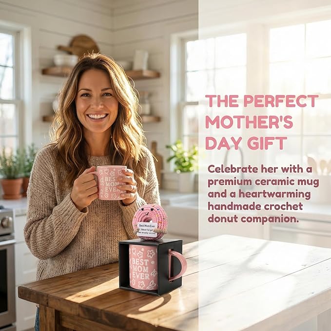 Mothers Day Gifts, Best Mom Ever Gifts for Mom from Daughter, Pink Floral Embossed Pattern Mother's Day Mug and Handmade Donut Crochet Gifts Set