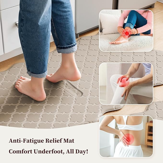 Arenarug Upgrade Scalloped Embossed Kitchen Mats for Floor 2PCS Cushioned Anti Fatigue Waterproof Foam Kitchen Rugs Non Slip Washable Comfort Standing Mat for Sink Laundry,17.3"x30"+17.3"x59",Khaki