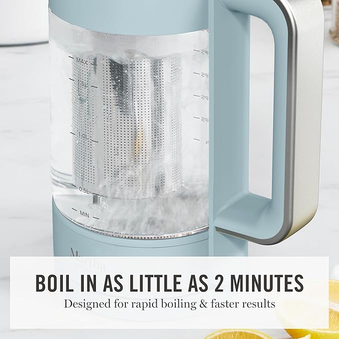 Martha Stewart Electric Kettle with Removable Stainless Steel Tea Infuser,  Glass Carafe 1.7L (7 Cups), Hot Water Boiler, 4 Presets, Keep Warm & Auto Shut-Off, Cordless 360° Swivel Base, Sky Blue
