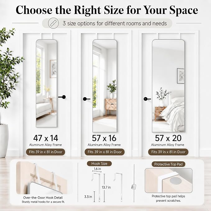 SCWF-GZ 57x20 Full Length Mirror Over The Door Hanging, Floor Stand/Wall Mounted Aluminum Alloy Frame Dressing Mirror for Bedroom Living Room 57 inch Silver