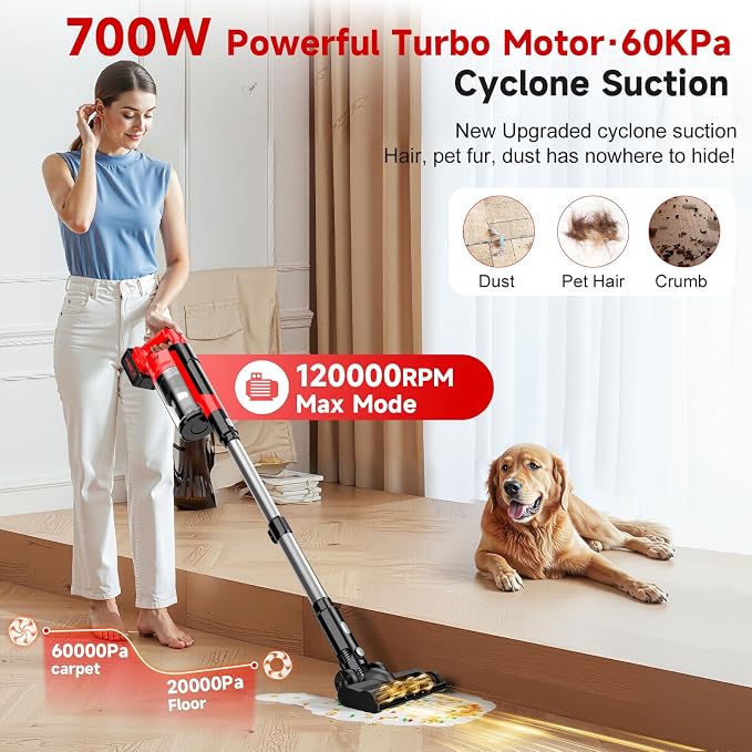 700W Cordless Vacuum Cleaner, 2×4000mAh Brushless Vacuum Cleaners for Home, 6 in 1 Lightweight Stick Vacuum 60kPa, 3 Suction, Portable Handheld Cordless Vacuum for Pet Hair/Hardwood Floor/Dorm Red