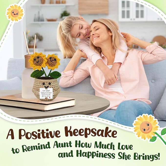 OASSIE Aunt Gifts for Women - Emotional Support Crochet Sunflower with Card for Table Decor - Positive Crochet Mothers Day Birthday Gifts for Aunt from Niece, Auntie Gift, Birthday Gift for Aunts