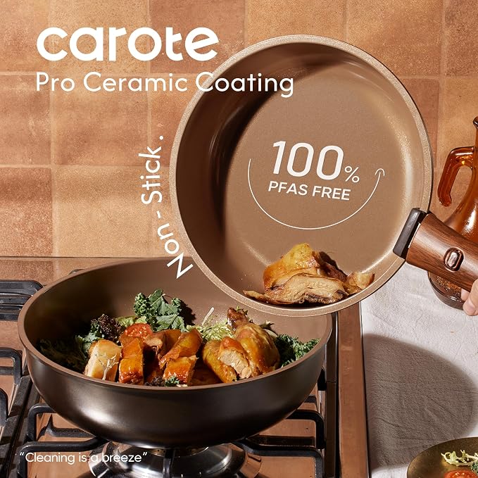 CAROTE 25pcs Ceramic Cookware Set, Pots and Pans Set with Detachable Handle | Non-Stick, Non-Toxic, PFAS and PFOA Free, Induction Compatible, Dishwasher & Oven Safe, Space Saving, Camping Cooking, Brown