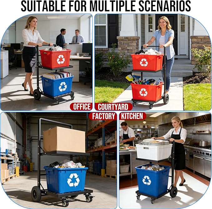 2-Tier Foldable Recycle Bin Cart, Heavy Duty Trash Can Dolly with All-Terrain Wheels & Lockable Casters, 140LBS Capacity Garbage Bin Trolley for Kitchen, Garage, Office, Courtyard