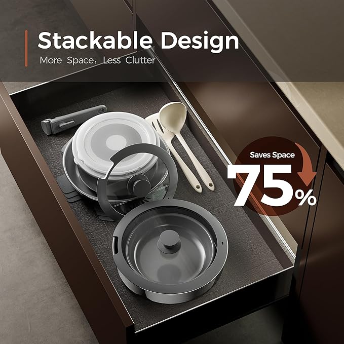 16pcs Nonstick Cookware Set, Diamond-Titanium Ceramic Coating & 3 Layer Stainless Steel Pots and Pans Set with Detachable Handle, Dishwasher Safe, Induction Compatible, Oven Safe, Gray