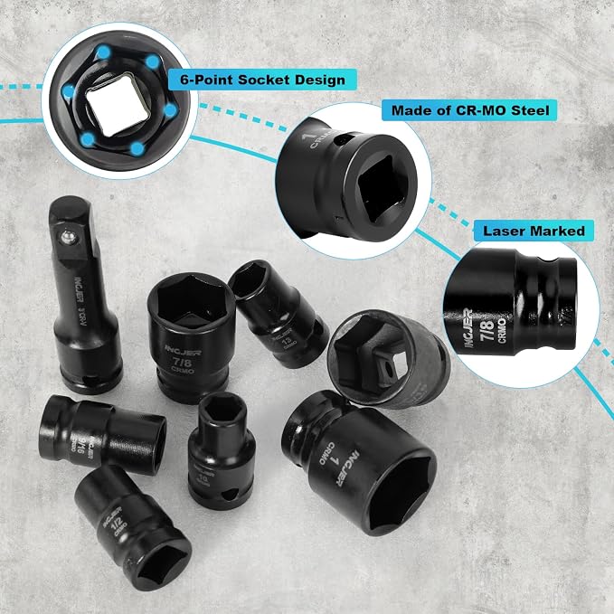 1/2 Impact Socket Set, 29PCS Shallow, SAE (3/8 to 1 inch) and Metric (10-24mm) Sizes with Extension Bars Standard Shallow Socket Set CR-MO Material High Torque Truck Bearing Locknut