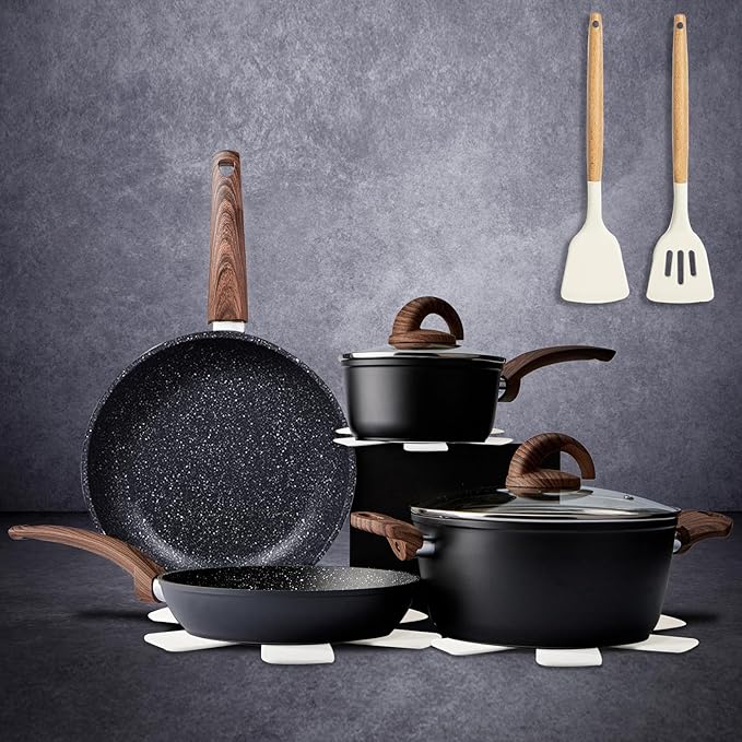 Vkoocy Non Stick Pots and Pans Set, Healthy Ceramic Cookware Set, 12pcs Kitchen Cooking Pots and Frying Sauce Saute Pans Set, PFAS-Free with Kitchen Utensils and Lid, Black