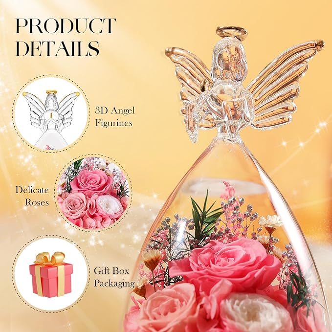 Mothers Day Roses Gifts for Mom Forever Preserved Real Roses Flowers in Glass Angel Figurines Fresh Flowers for Delivery for Grandma Women Mom Wife from Daughter/Pink