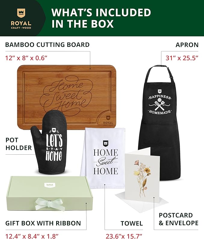ROYAL CRAFT WOOD Cutting Board Set - Luxurious House Warming Gifts for New Home - Basket for First/New Home Owner with Towel, Apron - Ideal Welcome and Housewarming Presents for Homeowners