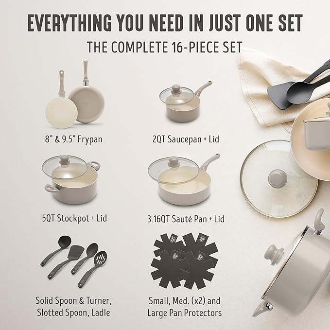 GreenLife 16-Piece Nonstick Cookware Set, Non-Toxic Ceramic Pots and Pans Set, Durable Healthy Kitchen Essentials, Fast Heating, Induction Ready, Easy Clean Dishwasher Safe, PFAS-Free, Beige Taupe