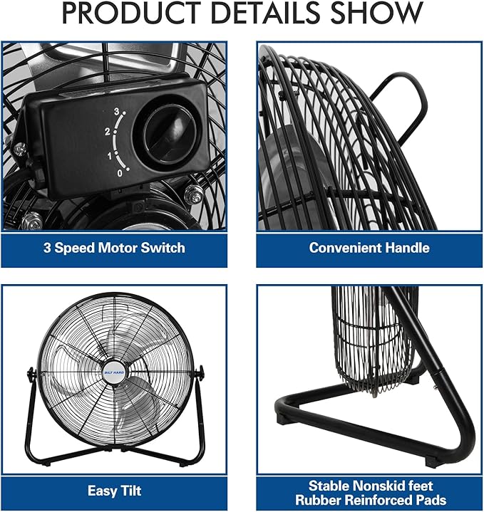 BILT HARD 20 Inch Heavy Duty Floor Fan - 4650 CFM High Velocity, 3-Speed with Wall-Mounting System, Industrial Shop Fan for Commercial, Garage, and Greenhouse