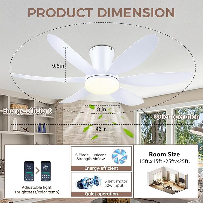 GJeg Ceiling Fans with Lights,42" Low Profile Ceiling Fan with Light and Remote Control,Flush Mount, Reversible, Dimmable, Noiseless, White Ceiling Fan for Bedroom