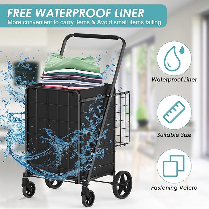Upgraded Shopping Cart for Groceries,330LBS Jumbo Grocery Cart with Waterproof Liner, 360° Rolling Swivel Wheels and Double Basket, Heavy Duty Folding Shopping Carts for Laundry Transport