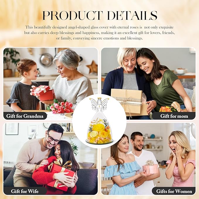 Mothers Day Roses Gifts for Mom Forever Preserved Real Roses Flowers in Glass Angel Figurines Fresh Flowers for Delivery for Grandma Women Mom Wife from Daughter/Yellow