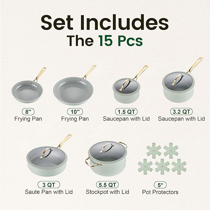Chef Power Ceramic Cookware Sets, 15Pcs Pots and Pans Set Non Stick, Cookware Set with Stainless Steel Handle, Dishwasher & Oven Safe, Sage Green and Granite Grey