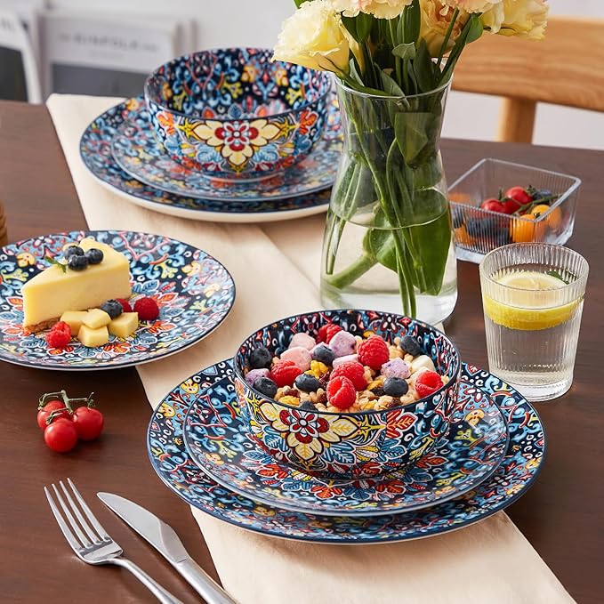 vancasso 12 Pieces Dinnerware Sets, Red Plates and Bowls Set, Porcelain Dishes Set for 4, Microwave and Dishwasher Safe, Scratch Resistant, Bohemian Style Dining Ware Service for 4, Series SIMI
