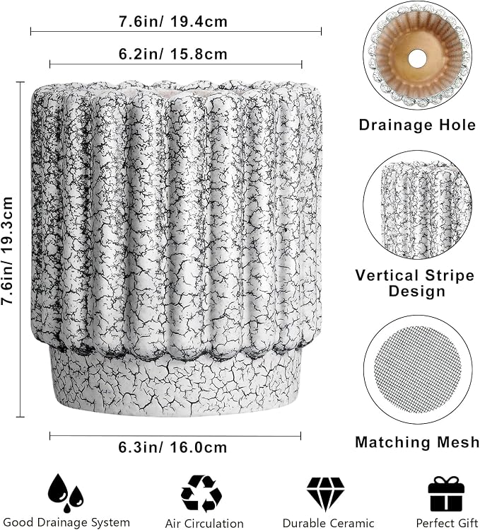 Ceramicfor Ceramic Planter, 7.6 Inch, Black and White | Drainage Hole, Round Flower Pot, Fluted Design, Indoor/Outdoor Use