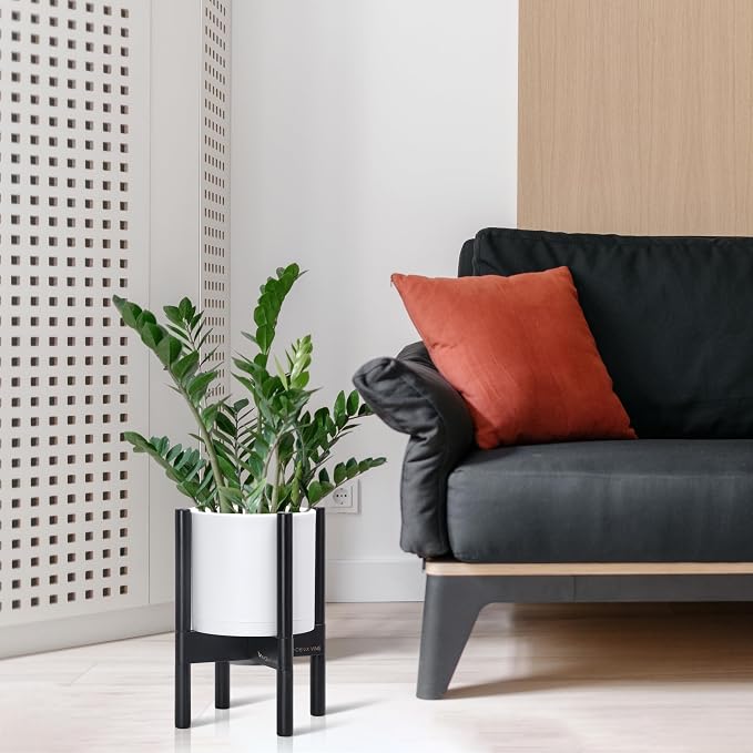D'vine Dev Plastic Pot with Ebony Wood Stand, White, 8 in, 55-C-K-1 | Mid-Century Inspired Design, Elevated Plant Display, Clean Lines, Sturdy Support, Modern Space-Saving Style