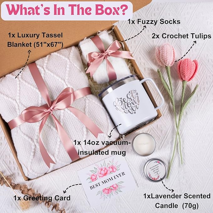 Mothers Day Gifts for Mom from Daughter Son Child, Mother Day Gift Basket for Stepmom, Mother-in-Law, Best Mom Ever Gift Box Set with Blanket Coffee Mug Socks Crochet Tulips Flower