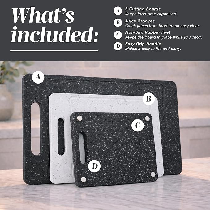 COOK WITH COLOR Non-Slip Cutting Board Set – Kitchen Essentials with Easy Grip Handle for Meat, Veggies, and Fruits, 3 Cutting Boards, Black/White