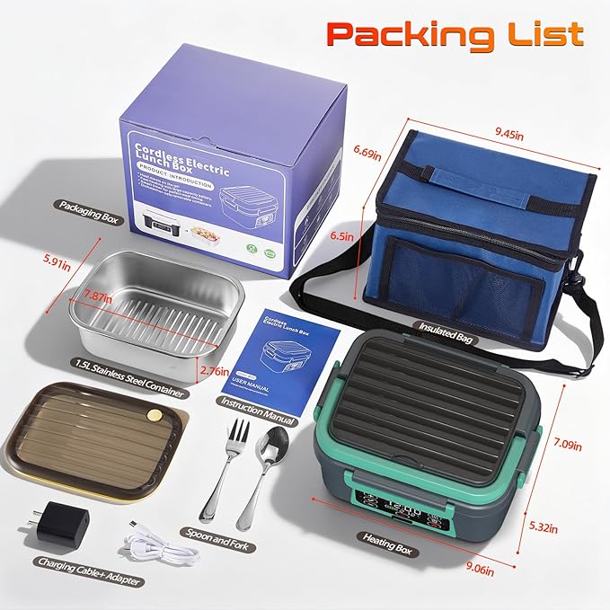 Cordless Electric Heated Lunch Box, XL 6.3Cups Rechargeable Food Warmer Lunch Box with Self Heating, Smart Timer, Adjustable Temperature, Leakproof, BPA Free, Removable Divider Dark Gray