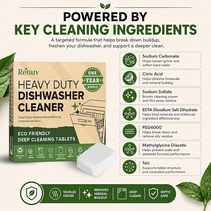 Renuv® Heavy Duty Dishwasher Cleaner & Deodorizer Tablets, Descaler, Deep Cleaning, Natural Odor & Smell Remover, Calcium, Limescale, Hard Water Marks, Grease, Septic Safe Pods (12 Tabs 1 Yr Supply)