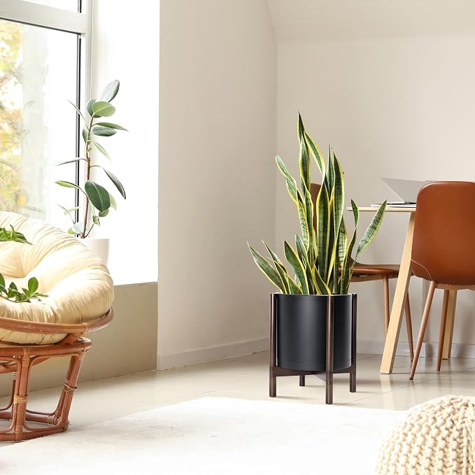 D'vine Dev Plastic Pot with Walnut Wood Stand, Black, 14 in, 55-C-R-2 | Mid-Century Inspired Design, Elevated Plant Display, Clean Lines, Sturdy Support, Modern Space-Saving Style