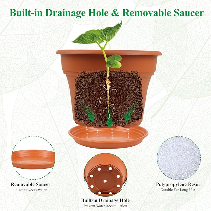 Pottiffe 10 Inch Plastic-Flower-Pot-for-Indoor-Plants, 4 Pack Large Outdoor Planter Pot with Drainage Holes & Saucers, Resin Decorative Garden Pots Planters