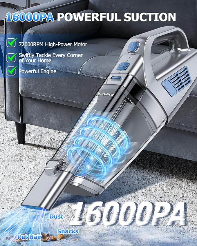 BQYPOWER Handheld Vacuum Cordless Rechargeable, Hand Held Car Vacuum | 16000PA Strong Suction Hand Vacuum Cordless Rechargeable with Multiple Accessories, Portable Car Vacuum Cleaner for Car Home