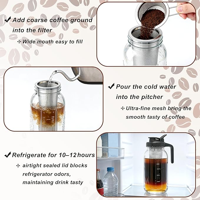 Cold Brew Coffee Maker 64 Oz Wide Mouth Mason Jar Pitcher With stainless steel Filter 2 Quart Airtight & Leak-Proof cold brew pitcher with pour spout lid and handle For iced Coffee Tea and lemonade