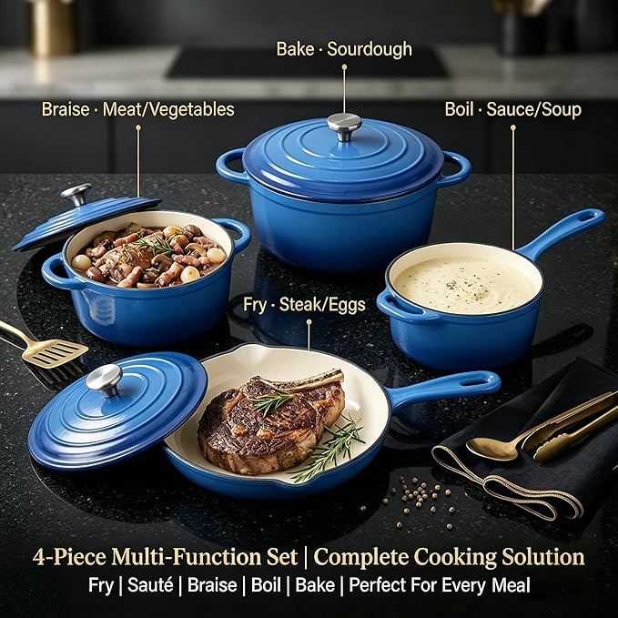 QuliMetal Enameled Cast Iron Cookware Set, 4-Piece Pots and Pans Set with Lids, 10.25" Skillet, 2QT Saucepan, 2.8QT & 4.8QT Dutch Ovens, Oven Safe to 500°F, All Stovetops Compatible - Cobalt Blue