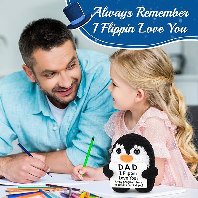 CryCarrot Dad Gifts from Daughter Son Birthday Fathers Day, Handmade Crochet Penguin Dad Birthday Gifts, Mini Funny I Love You Gift for Dads Bonus Step Father Mens Father's Day Christmas Cute Decor